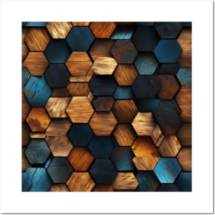 Geometric Timber: Crystalline Hexagons in Amber and Blue Posters and Art